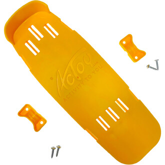 Suola in plastica arancione fluorescente Actoy con fessure di ventilazione bianche e componenti di montaggio (viti e piastre).