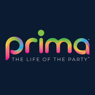 Logo coloré de la marque Prima avec le slogan THE LIFE OF THE PARTY sur un fond sombre.