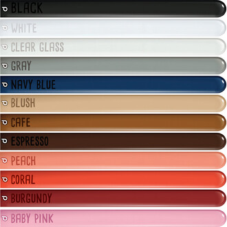 Palette de couleurs pour les Prima neutrals 260, montrant les teintes disponibles : noir, blanc, verre clair, gris, bleu marin, blush, café, espresso, pêche, corail, bourgogne et rose bébé. Chaque couleur est présentée sous forme de barre avec son nom ins