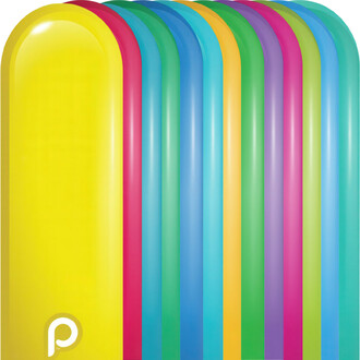 Vues des jongles en plastique 260 Prima Vibrant, disposées en rangée, affichant une variété de couleurs vives : jaune, rose, bleu clair, vert, turquoise, violet, orange et vert clair. Les ballons ont une finition lisse et brillante. Le logo P est visible 