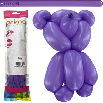 Emballage de 50 ballons en latex Prima Vibrant 260 couleur lavande, avec un modèle d'ours en ballons à droite.