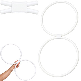 Accessoire de jonglerie 8-Rings Play blanc composé de huit anneaux connectés, avec une poignée centrale et une démonstration de prise en main.