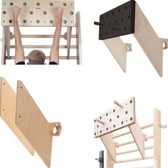 Vue d'ensemble de plusieurs prises d'escalade en bois, montrant un grimpeur utilisant une planche avec des trous pour les mains. Les autres images présentent différentes configurations de prises en forme de triangle et de planche à accrocher, toutes en bo