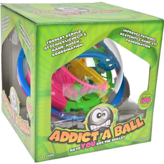 Un cube de packaging transparent contenant un puzzle en forme de sphère colorée, nommé Addict A Ball. Le puzzle est constitué de chemins en plastique de différentes couleurs (vert, bleu, rose) et affirme contenir 100 niveaux. Le logo du produit, représent