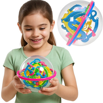 Une jeune fille souriante tient une balle transparente contenant des chemins colorés en rose, bleu, jaune et vert. La balle est équipée d'une sphère avec un petit bille à l'intérieur. En arrière-plan, une vue supplémentaire de la balle montre les chemins