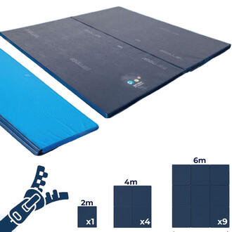 Tapis de jonglerie Aire d'Evolution Evolutive 2mx2m, composé de plusieurs sections. Visible à gauche, une section bleue, et à droite, une grande surface de tapis noir. En bas à gauche, un graphique illustrant les dimensions et la modularité avec une secti