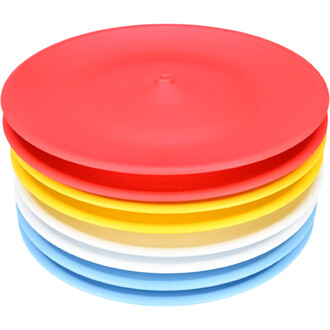 Assiette chinoise ND Jester empilée avec des couleurs vives, y compris rouge, jaune, bleu, blanc, et plus, montrant la variété de couleurs et le design plat.