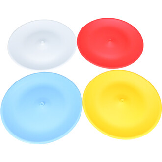 Assiette Chinoise ND Jester – Niels Duinker composée de quatre assiettes de jonglage de couleurs vives : blanche, rouge, bleue et jaune, disposées en cercle.