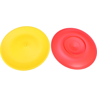 Assiette Chinoise ND Jester – Niels Duinker, une assiette de jonglage en plastique de couleur jaune et rouge, présentée sur un fond blanc, avec une forme circulaire et un renfoncement au centre.
