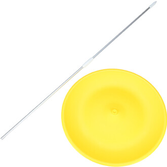 Assiette Chinoise ND Jester de couleur jaune, accompagnée d'une tige en aluminium. L'assiette est légèrement creuse au centre, tandis que la tige est longue et dotée d'embouts blancs.