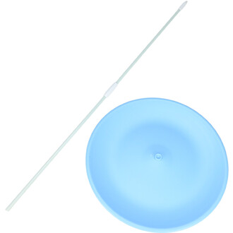 Assiette chinoise de couleur bleue avec un trou central, accompagnée d'une tige légère.