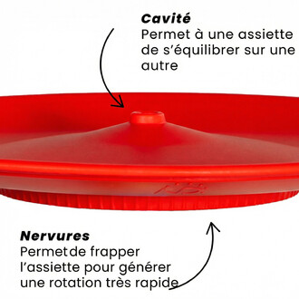 Assiette chinoise ND Jester – Niels Duinker, rouge, cavité centrale pour équilibrer sur une autre assiette et nervures sur le bord pour générer une rotation rapide.
