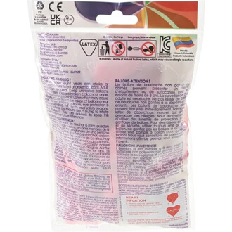 Dos d’emballage d’un assortiment de ballons cœur en latex, sachet blanc avec avertissements multilingues et pictogrammes de sécurité, logos CE et UKCA, drapeau colombien et petits cœurs rouges.