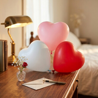 Ballons cœur multicolores (rose, bleu clair et rouge) disposés sur une table en bois dans une pièce chaleureuse, avec une lampe de bureau dorée à gauche et un petit vase de fleurs au premier plan.