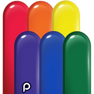 Ballons 260 Rainbow - Pack 50 - Prima, montrant une variété de couleurs vives : rouge, orange, jaune, vert, bleu et violet, avec une finition brillante et des formes allongées, regroupés en éventail.