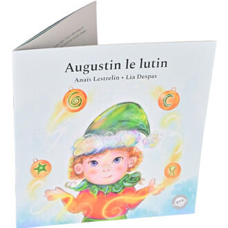 Couverture du livre Augustin le lutin illustrée par Anaïs Lestrelin et Lia Despas, représentant un lutin aux cheveux bouclés, portant un chapeau vert et une tunique orange, entouré de décorations colorées.