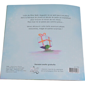 Couverture arrière du livre Augustin le Lutin, présentant un lutin portant un cadeau. Le fond est bleu clair avec des motifs de neige, et le texte décrit l’histoire d'Augustin, un lutin du Père Noël.