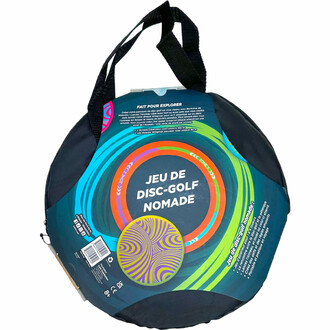 Carrying bag containing the nomadic Disc Golf game: Backnine