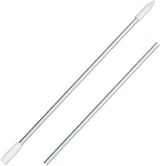 Baguette en aluminium pour assiette chinoise, avec embouts en plastique blanc. Deux segments de baguette, l'un plus long que l'autre, posés sur un fond blanc.