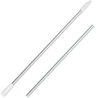 Baguette en aluminium pour assiette chinoise, avec embouts en plastique blanc. Deux segments de baguette, l'un plus long que l'autre, posés sur un fond blanc.