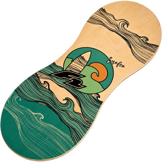 Planche d'équilibre Peanut F2 en bois clair avec motif de vagues vertes et logo circulaire; vue diagonale.