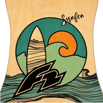 Planche d'équilibre Peanut F2 en bois clair avec motif circulaire vert et orange et rouleau en liège beige visible.