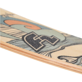 Planche d'équilibre Peanut F2 avec rouleau en liège, surface décorée d'un motif graphique beige et vert sur bord en bois.
