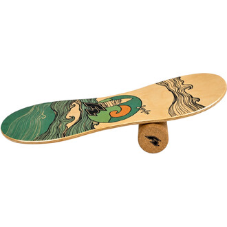 Planche d'équilibre Peanut F2 en bois avec motif graphique vert et orange, rouleau en liège sous le plateau.
