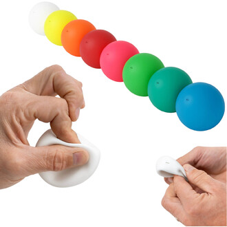 Groupe de balles BBX Beanbag de Play, avec une main qui squeeze une balle blanche à gauche et une série de balles colorées (blanc, jaune, orange, rouge, rose, vert, bleu) alignées à droite.