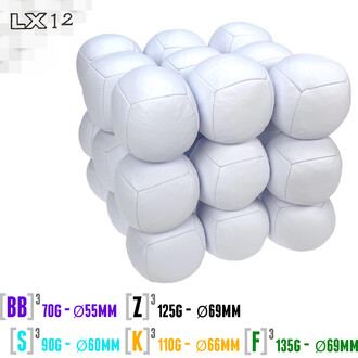 Balle Cube LX-12, composée de plusieurs balles blanches empilées, avec des détails sur les différentes options de poids et de taille en bas de l'image.