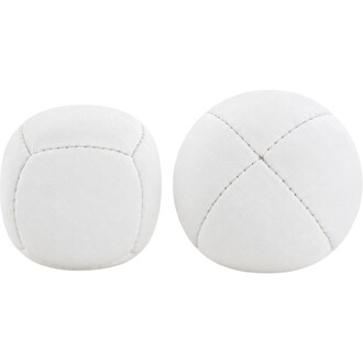 Due palline da giocoleria Orbit bianche, realizzate in tessuto scamosciato, che mostrano le cuciture di fabbricazione su uno sfondo bianco.