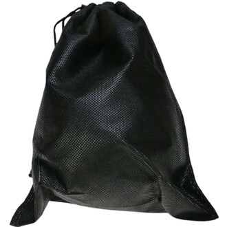 Sac en tissu noir avec cordon de serrage, utilisé pour le rangement ou le transport d'objets.