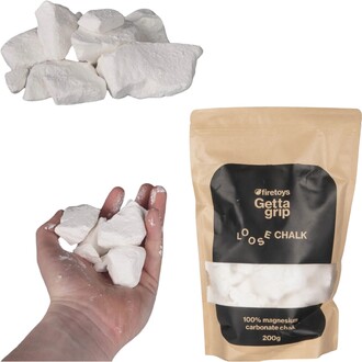 Morceaux blancs de magnésie en vrac Getta Grip 200 g, emballage kraft avec le logo Getta Grip et indication 100% magnésium carbonate.