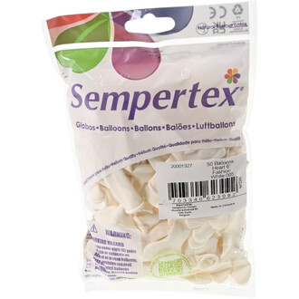 Sac transparent contenant des ballons cœur blancs en latex naturel de marque Sempertex; paquet de 50 ballons cœur de 6 pouces avec logo violet Sempertex et étiquette à code-barres.