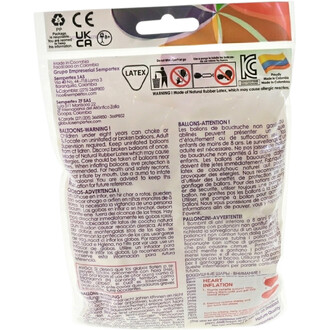 Emballage du Ballon Cœur Blanc en latex, affichant avertissements multilingues et pictogrammes de sécurité sur fond blanc.