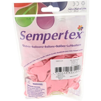 Paquet de ballons cœur rose Sempertex, 50 ballons de 6 pouces dans une pochette rose transparente avec logo et code-barres.