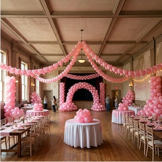 Salle de fête décorée avec des ballons roses en forme de cœurs formant des arches et des colonnes, guirlandes lumineuses et nappes roses.