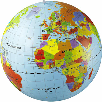 Ballon globe le monde - 50cm. Ballon à gonfler de grande taille sur lequel il y a les pays et les continents inscrits. Apprendre en se divertissant.