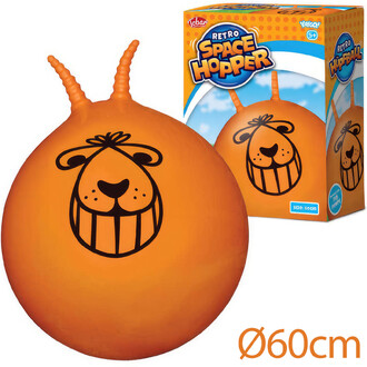 Ballon sauteur rétro de 60cm avec boîte, jouet orange vif avec poignées antennes et visage souriant.