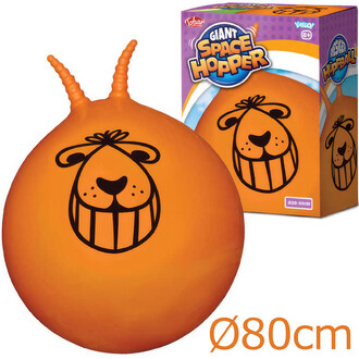 Ballon sauteur rétro de 80cm avec boîte, jouet orange vif avec poignées antennes et visage souriant.