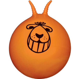 Ballon sauteur rétro avec poignées antennes et visage souriant, couleur orange vif.