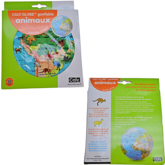 Ballon globe gonflable de 30 cm présenté dans son emballage, avec une illustration colorée de la carte du monde entourée d'animaux. Le packaging contient des informations et des anecdotes sur les animaux, ainsi qu'une petite image du globe.