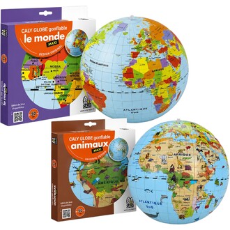 Globo inflável de 50 cm com mapa-múndi colorido, colocado ao lado de sua embalagem roxa exibindo o design Le Monde Maxi.
