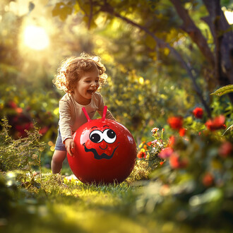 Jeune enfant souriante jouant avec un ballon sauteur rouge orné d'un visage rigolo dans un jardin ensoleillé. L'enfant, portant un haut beige et un short bleu, pousse le ballon à travers une pelouse verte, entourée de fleurs colorées et de végétation luxu