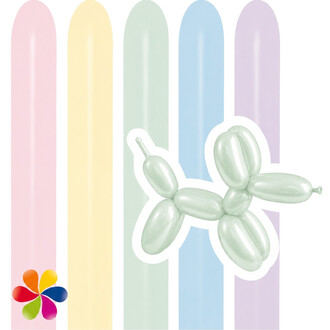 Assortiment de ballons latex pastel matte Sempertex (260 pièces) en rose clair, jaune clair, menthe, bleu clair et lavande, avec un ballon animal menthe et un moulin à vent multicolore en bas à gauche.