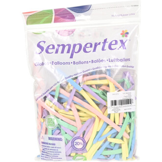 Sac transparent contenant un assortiment de ballons Sempertex 260 Pastel Matte en latex, multicolores pastel (rose, jaune, bleu, vert et violet).