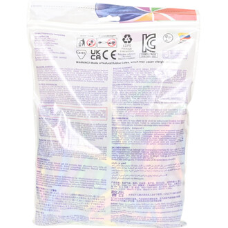 Paquet en plastique transparent contenant 260 ballons pastel matte Sempertex; vue de l’arrière avec avertissements et texte multilingue.