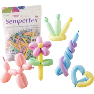 Sachet de ballons Sempertex 260 pastel matte assortis avec des sculptures en ballons colorés (fleurs et colonnes torsadées)