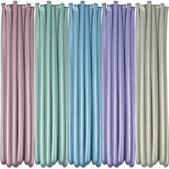 Assortiment de ballons 260 couleur soie pastel (rose, menthe, bleu ciel, lavande et gris), alignés en colonne avec les extrémités nouées visibles en bas.