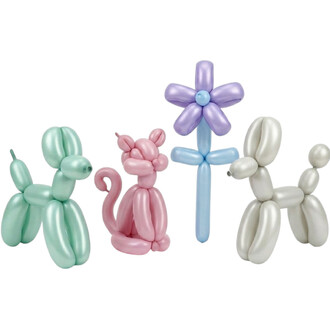 Assortiment Ballons 260 Soie Nozzle Up en latex pastel formant des animaux et des fleurs : éléphant vert menthe, chien rose, fleur violette sur tige bleue et autres sculptures sur fond blanc.